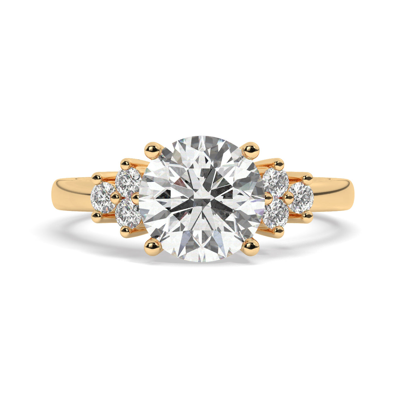Yellow Gold Round Cut Engagement Ring Accompanied by Round Side Stones