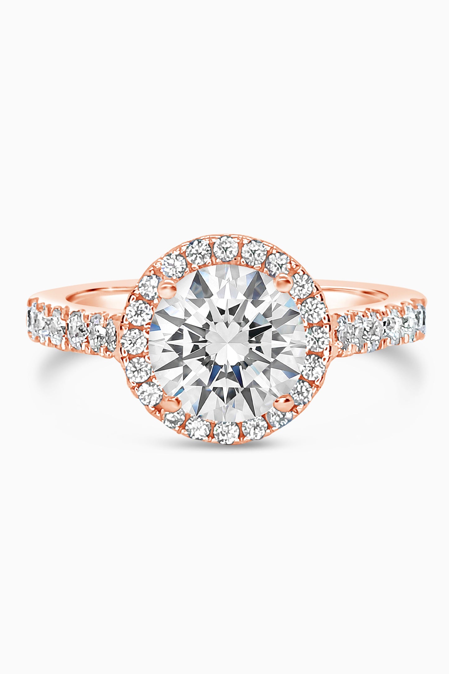Rose Gold Round Cut Engagement Ring with Halo and Pavé Band Cathedral Setting