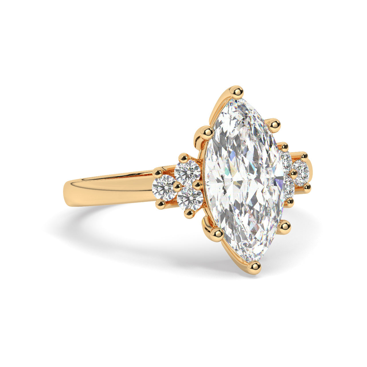 Yellow Gold Marquis Cut Engagement Ring Accompanied by Round Stones - Rotated View