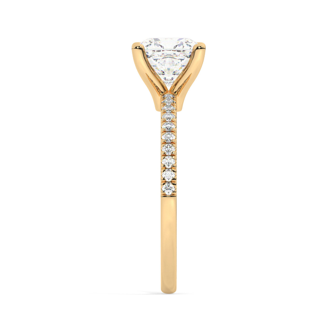 Round Cut Diamond Ring set on a Pavé Band in Yellow Gold - Other Side View
