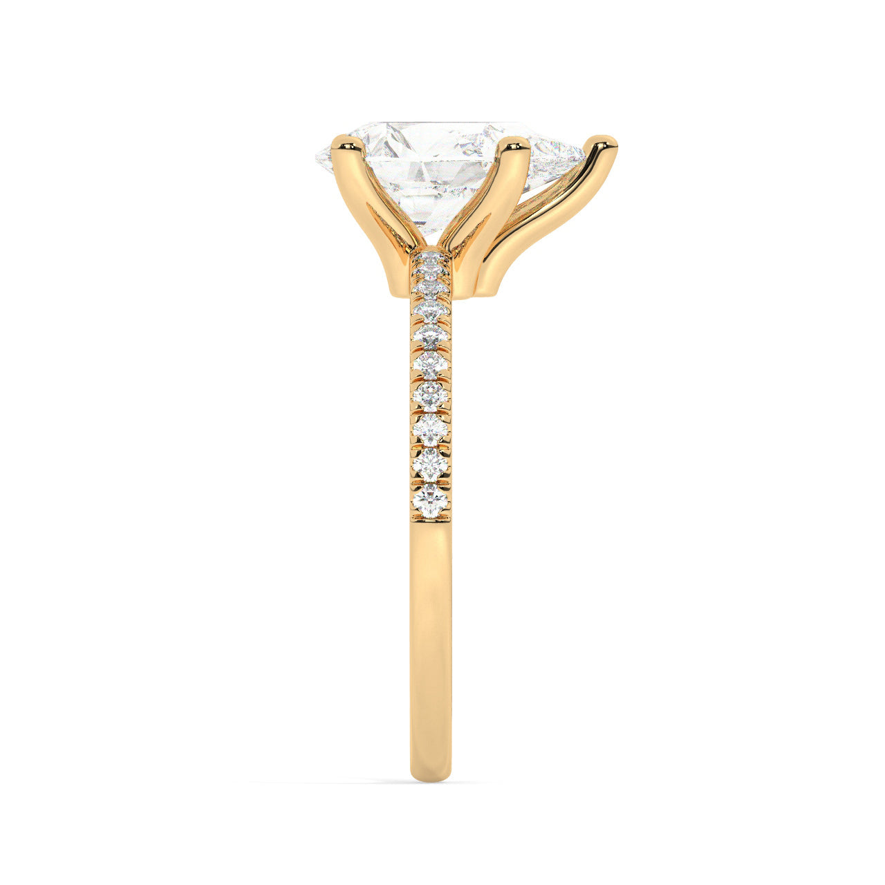 Pear Cut Lab Diamond Ring with a Pave Band on a Yellow Gold Setting - Other Side View