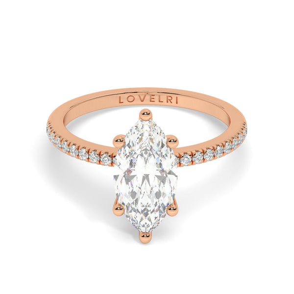 Marquise Cut Diamond Ring set on a Pavé Band in Rose Gold