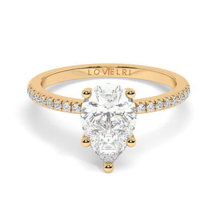 Pear Cut Lab Diamond Ring with a Pave Band on a Yellow Gold Setting