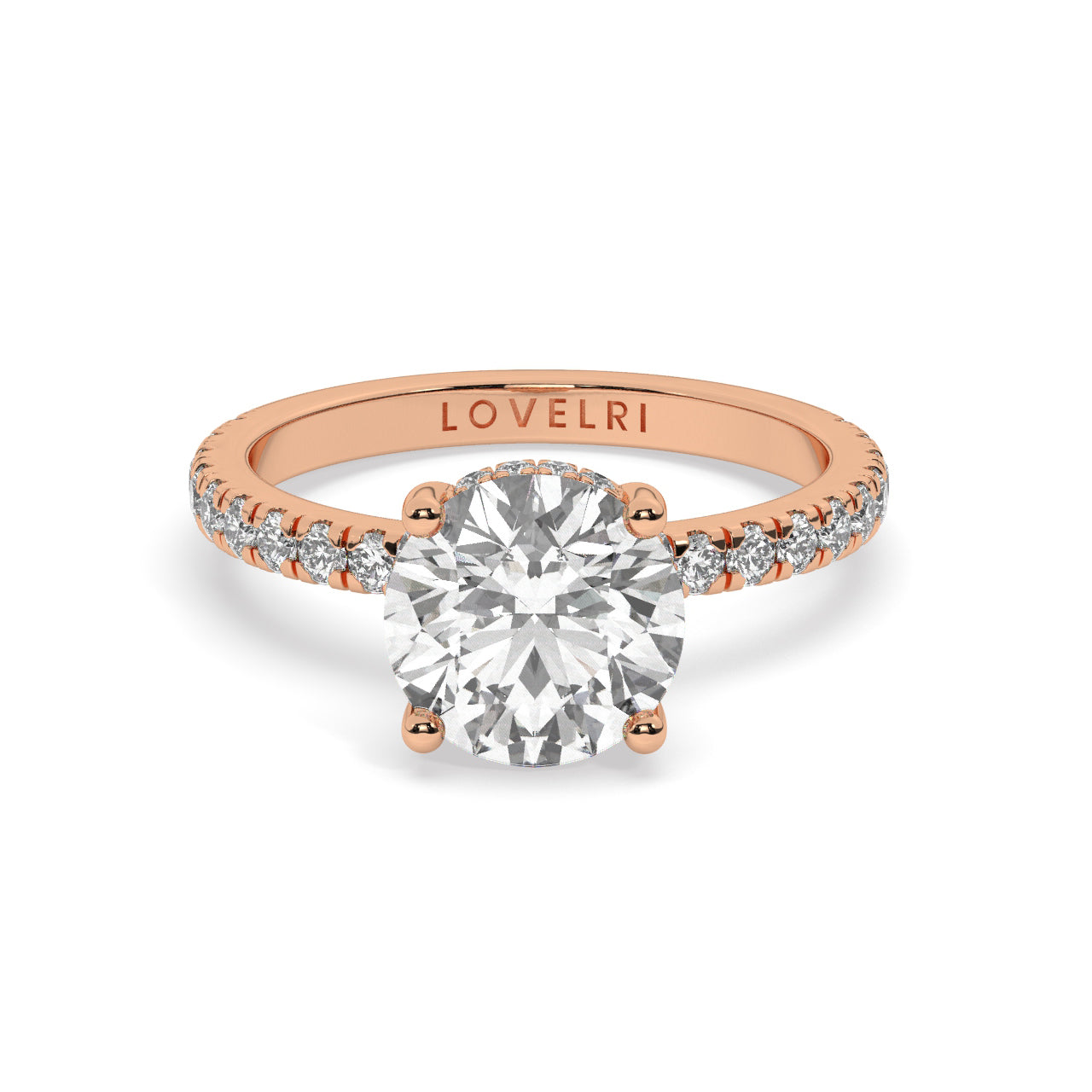 Rose Gold Round Cut Engagement Ring on a Pav√© Band with a Hidden Halo