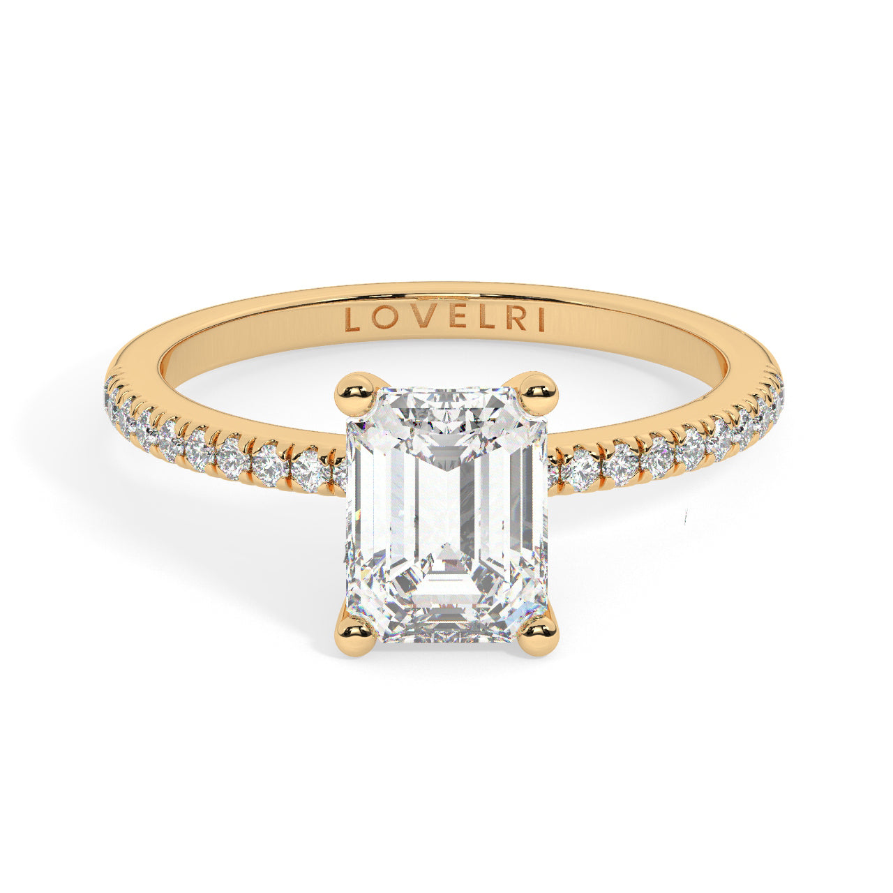 Yellow Gold Emerald Cut Engagement Ring set on a Pavé Band
