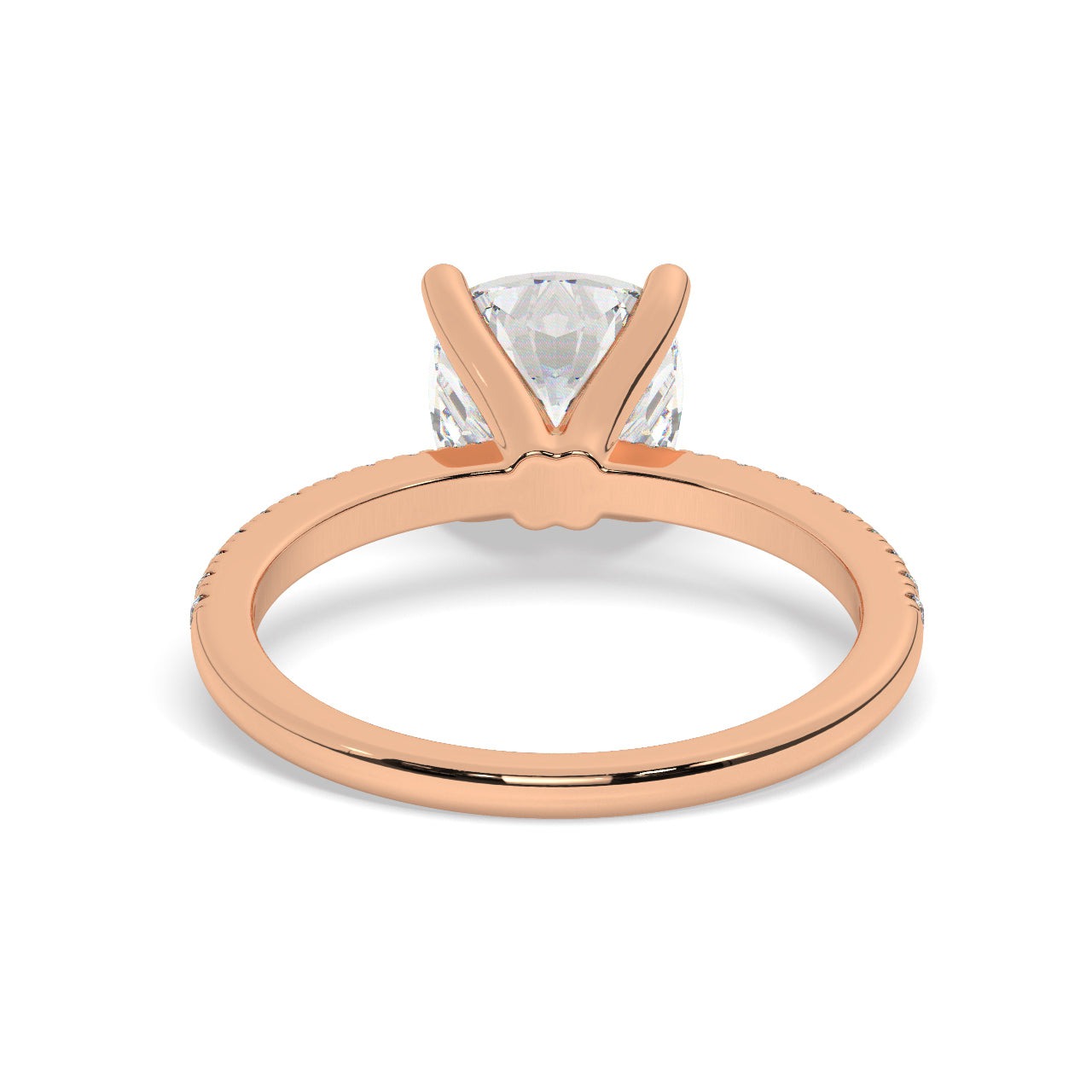 Round Cut Diamond Ring set on a Pavé Band in Rose Gold - Back View