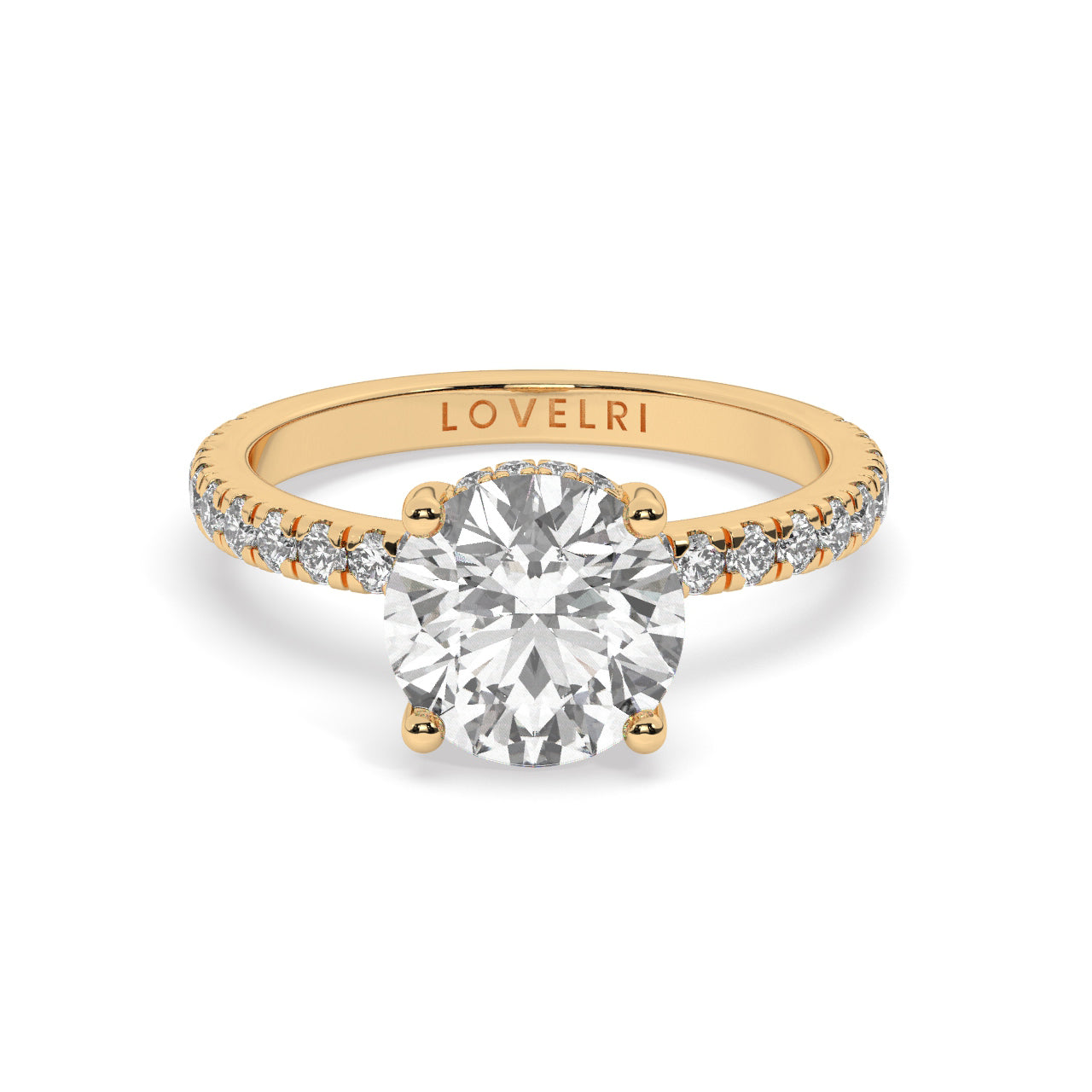 Yellow Gold Round Cut Engagement Ring on a Pavé Band with a Hidden Halo