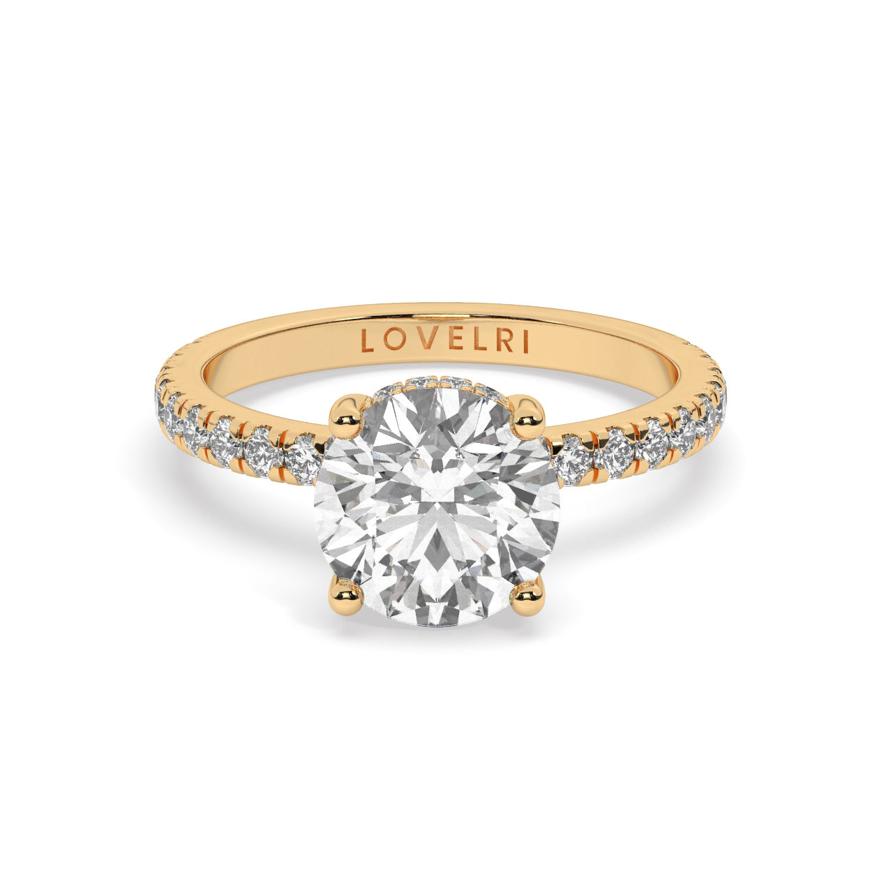 Yellow Gold Round Cut Engagement Ring on a Pav√© Band with a Hidden Halo