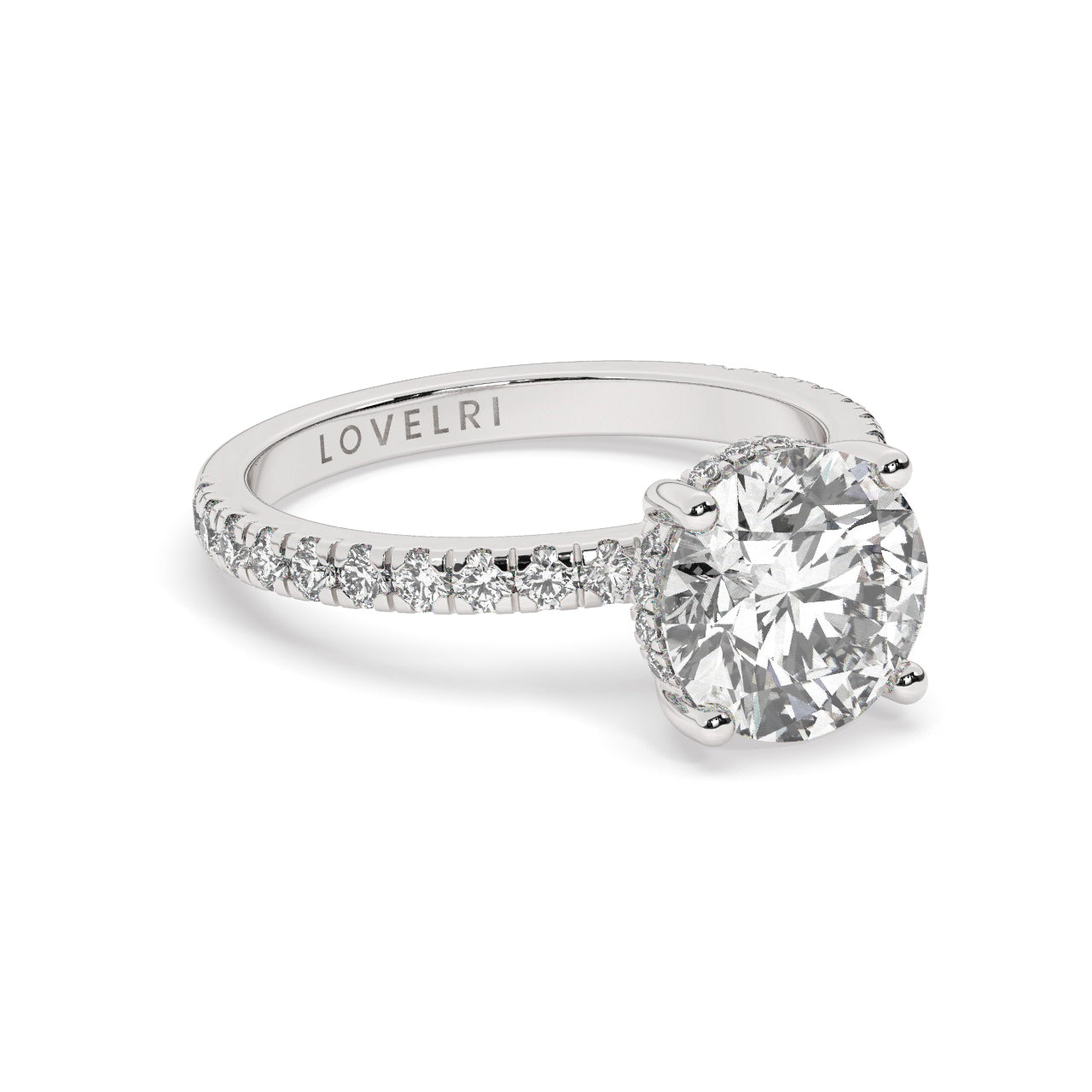Platinum Round Cut Engagement Ring on a Pav√© Band with a Hidden Halo - Rotated View