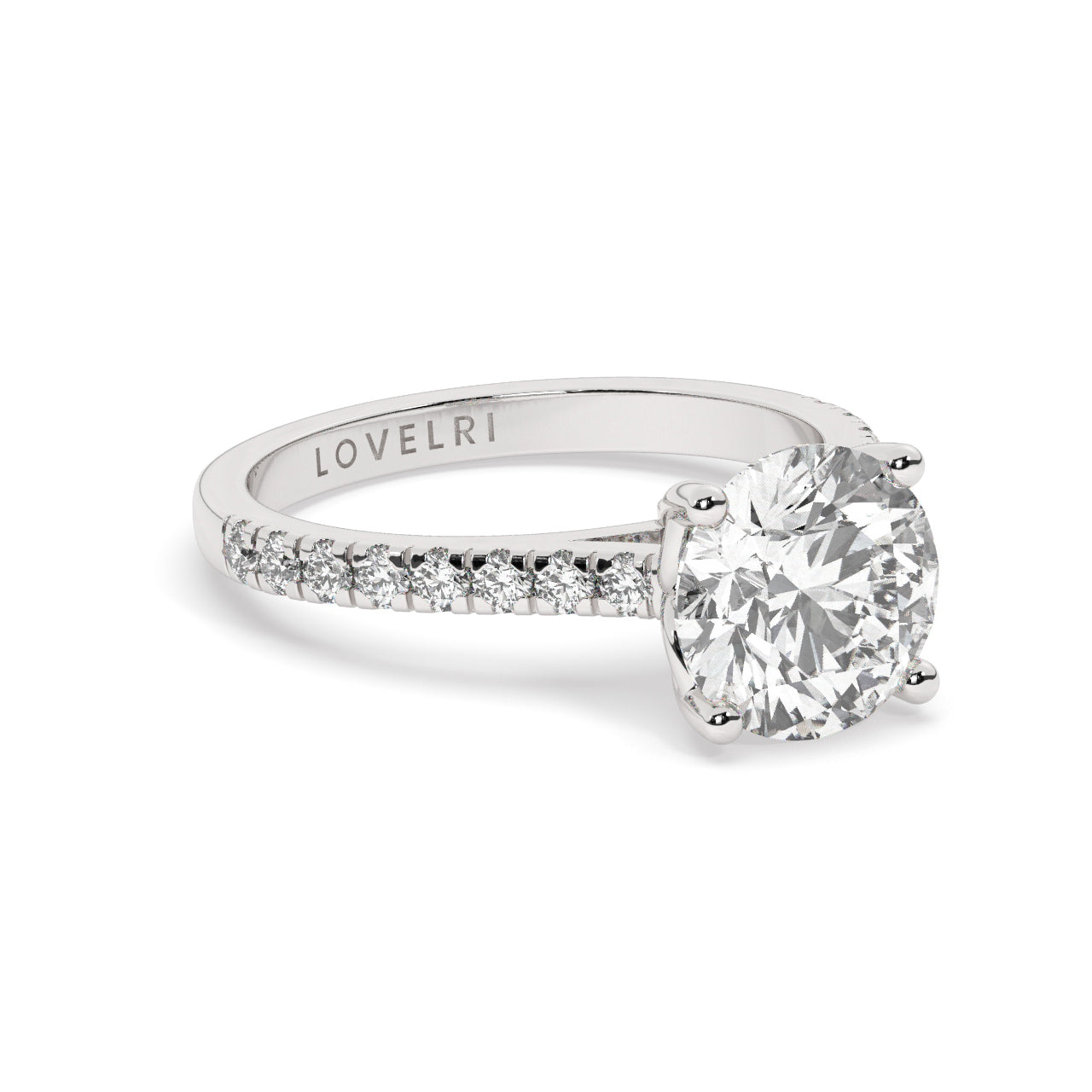 White Gold Round Cut Engagement Ring with a Pav√© Band and a Hidden Stone - Rotated View