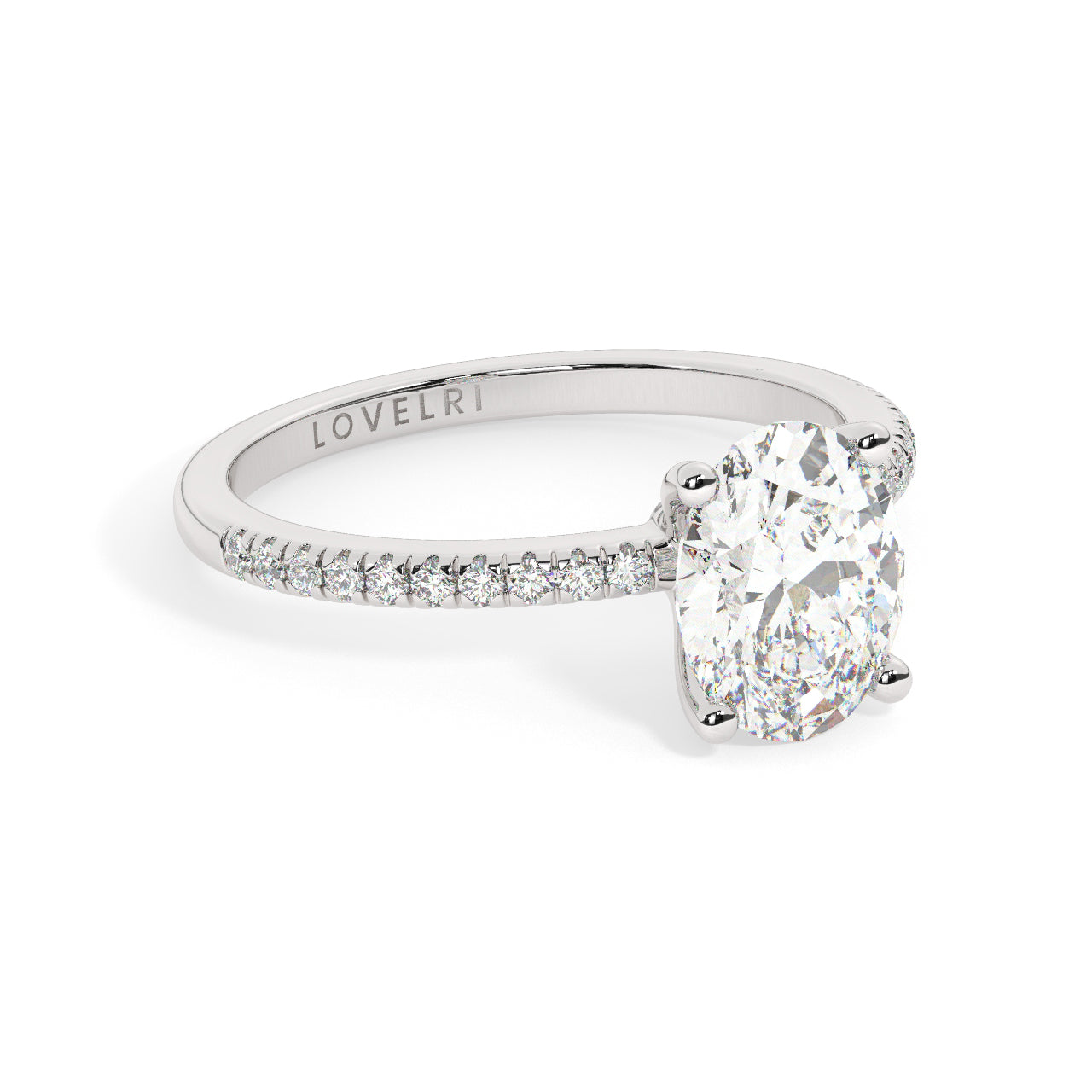 White Gold Oval Cut Engagement Ring with Pavé Band - Rotated View