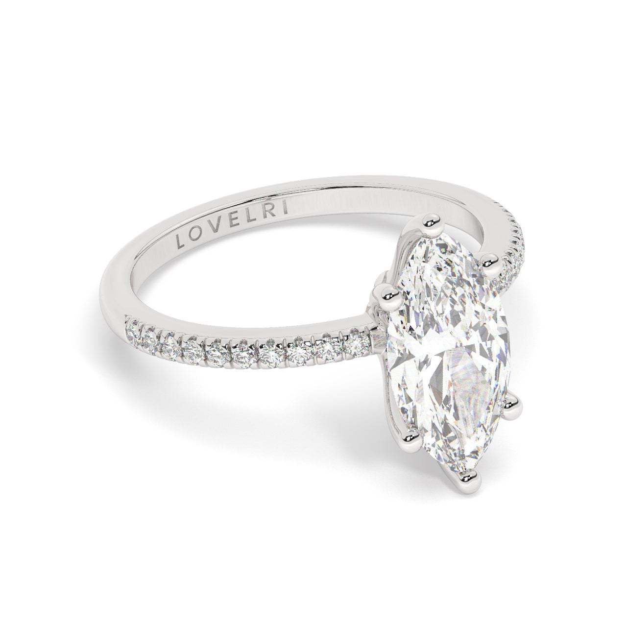 Marquise Cut Diamond Ring set on a Pav√© Band in White Gold - Rotated View