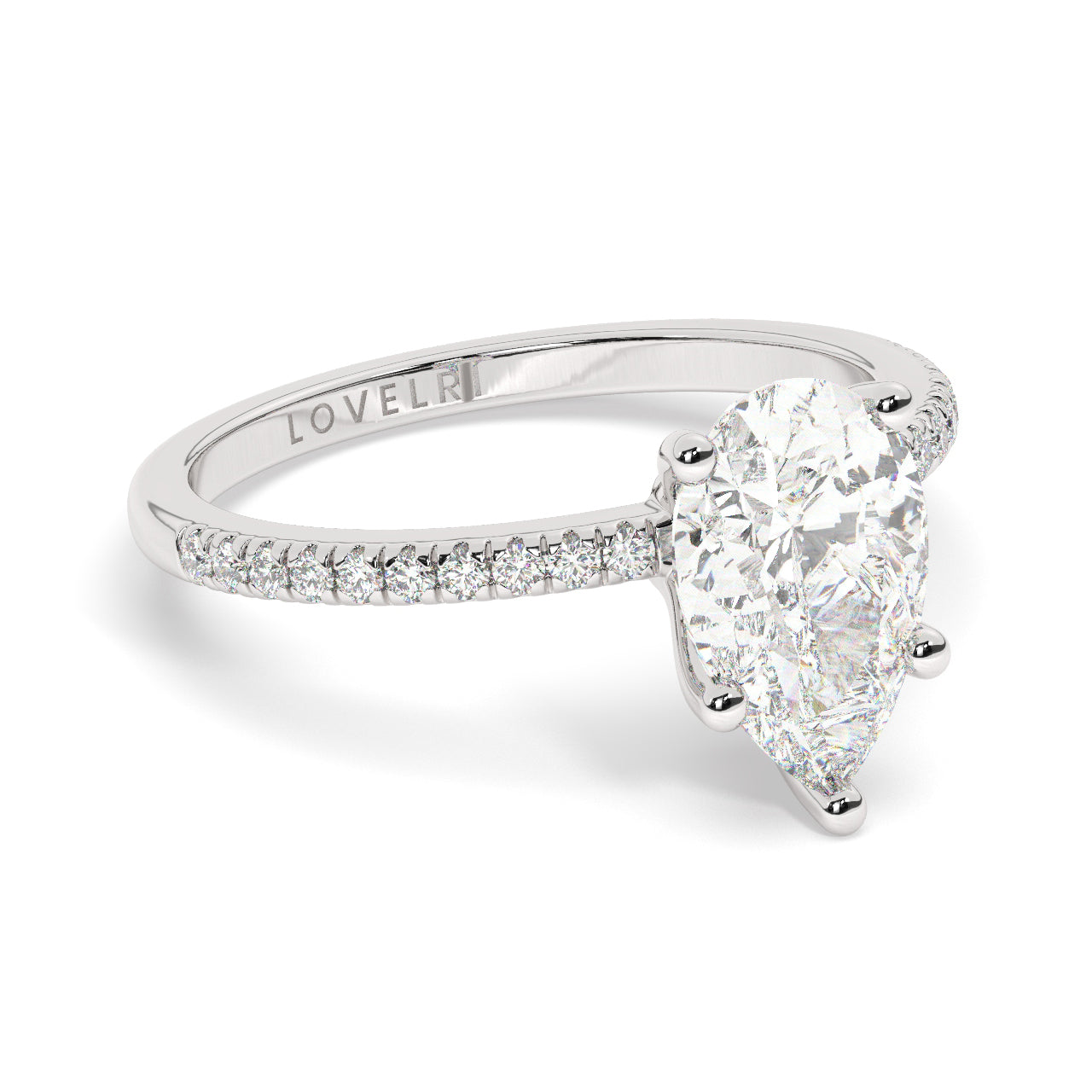 Pear Cut Lab Diamond Ring with a Pave Band on a Platinum Setting - Rotated View