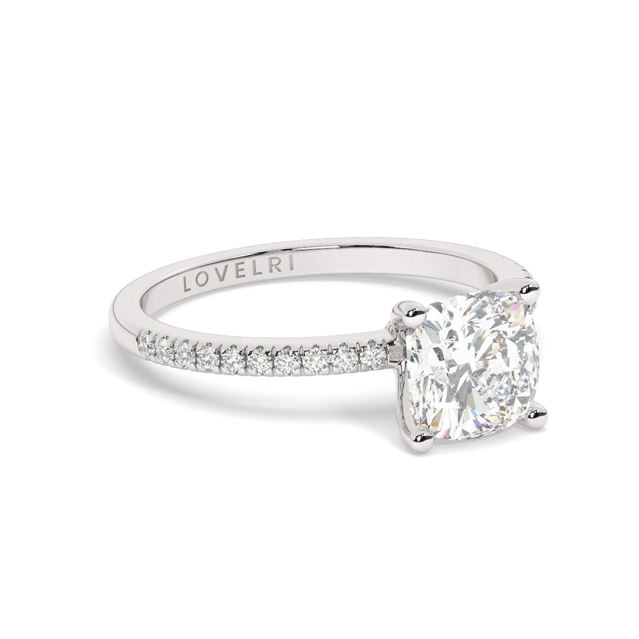 Round Cut Diamond Ring set on a Pavé Band in White Gold - Rotated View