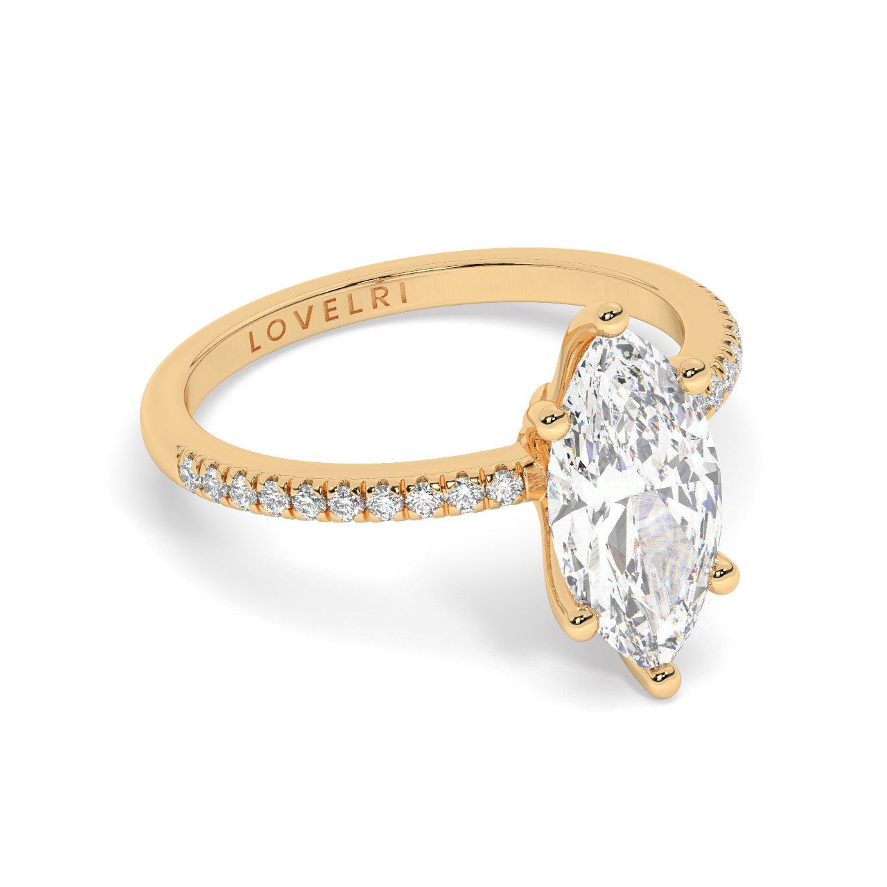 Marquise Cut Diamond Ring set on a Pav√© Band in Yellow Gold - Rotated View