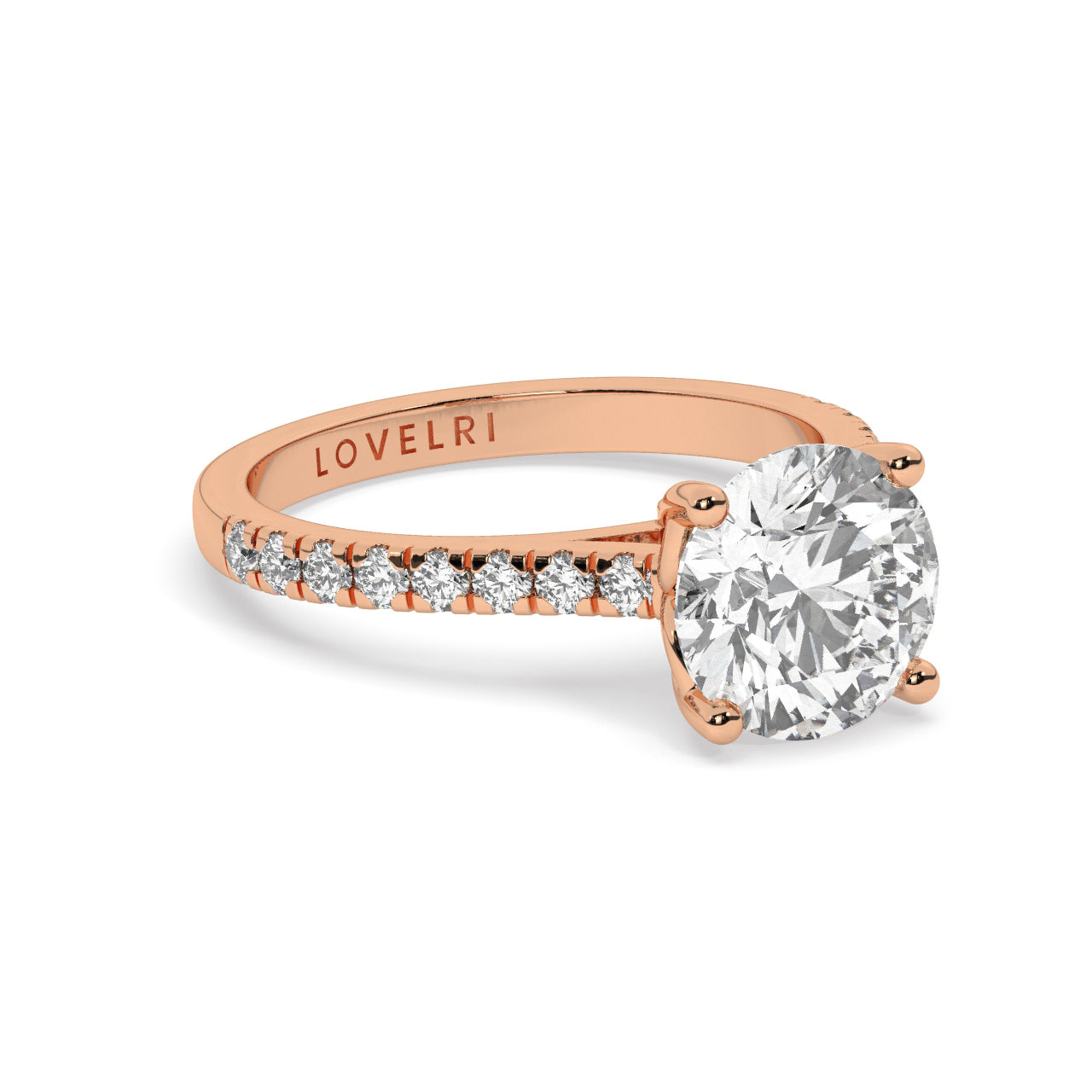 Rose Gold Round Cut Engagement Ring with a Pav√© Band and a Hidden Stone - Rotated View