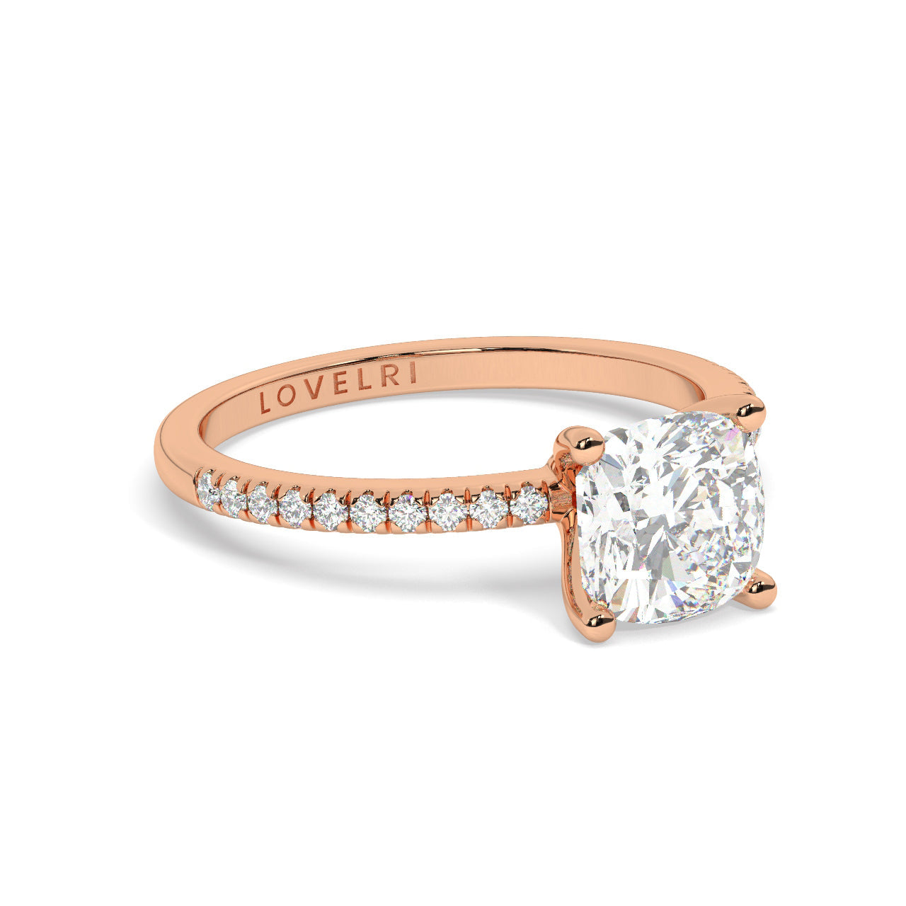 Round Cut Diamond Ring set on a Pavé Band in Rose Gold - Rotated View