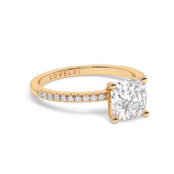 Round Cut Diamond Ring set on a Pavé Band in Yellow Gold - Rotated View