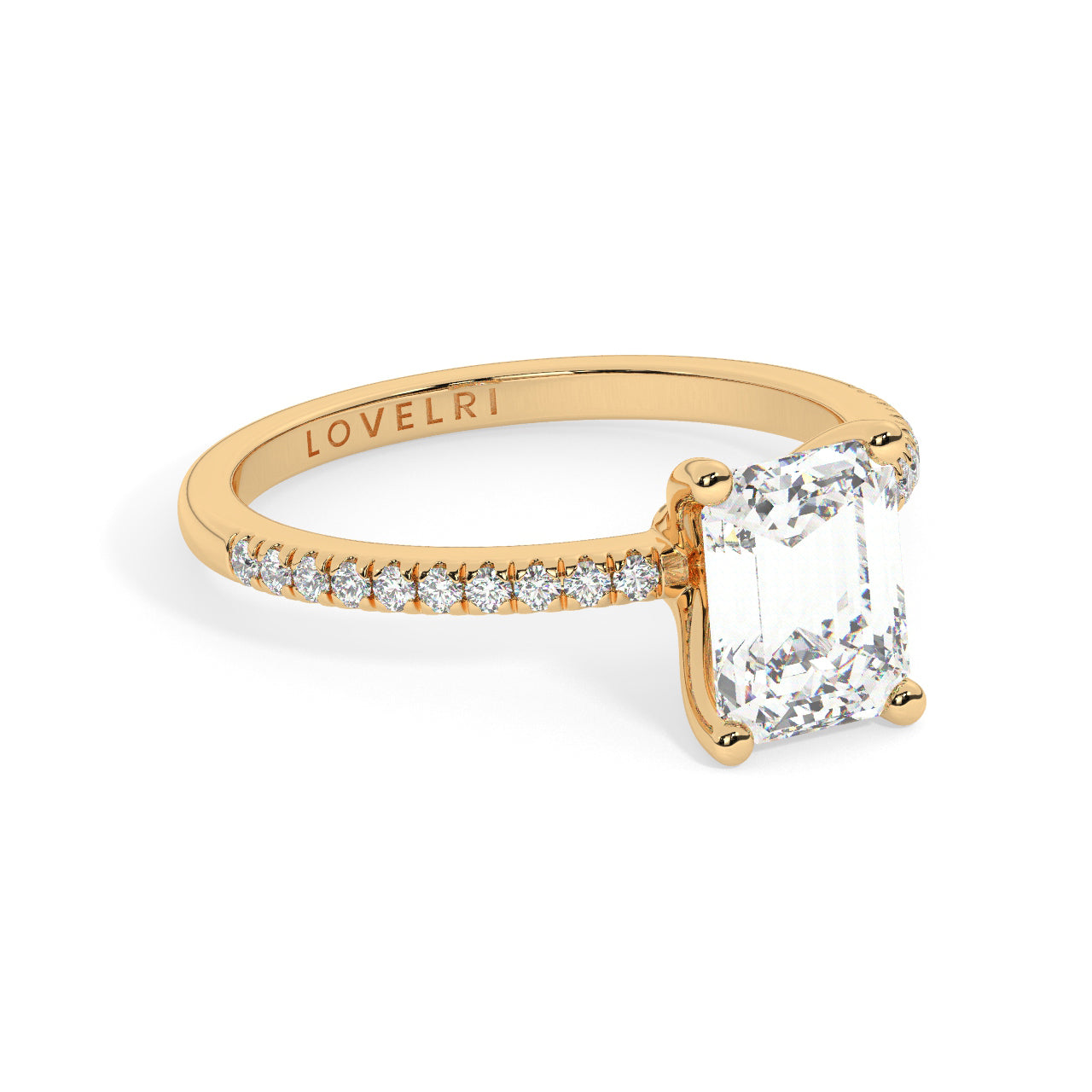 Yellow Gold Emerald Cut Engagement Ring set on a Pav√© Band - Rotated View