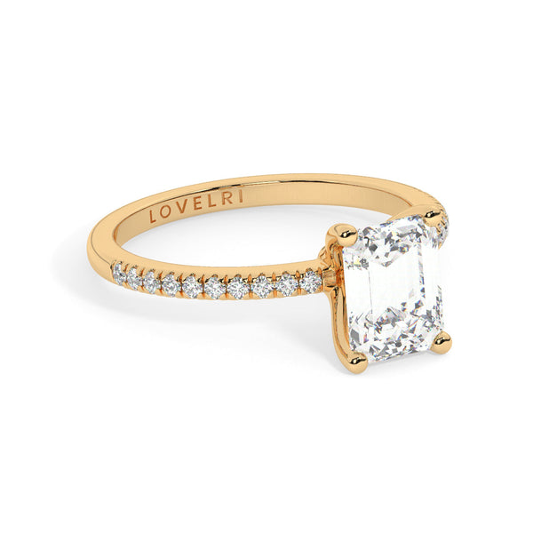 Yellow Gold Emerald Cut Engagement Ring set on a Pavé Band - Rotated View