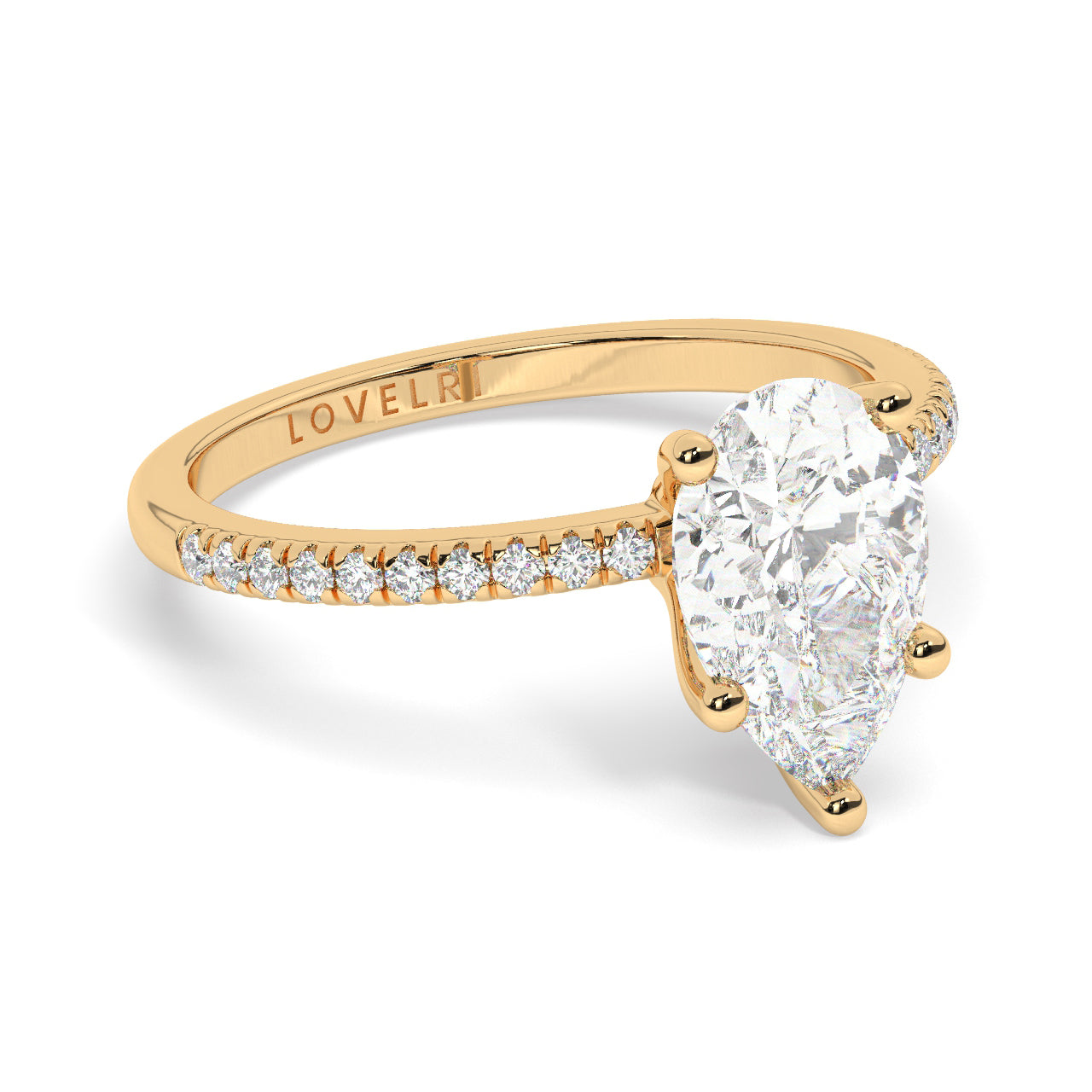 Pear Cut Lab Diamond Ring with a Pave Band on a Yellow Gold Setting - Rotated View