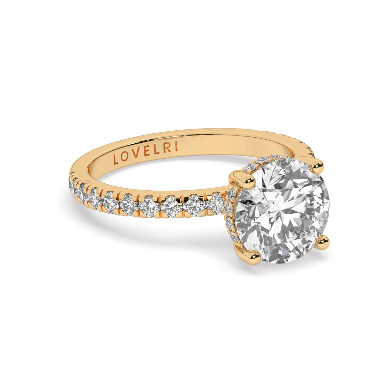 Yellow Gold Round Cut Engagement Ring on a Pavé Band with a Hidden Halo - Rotated View