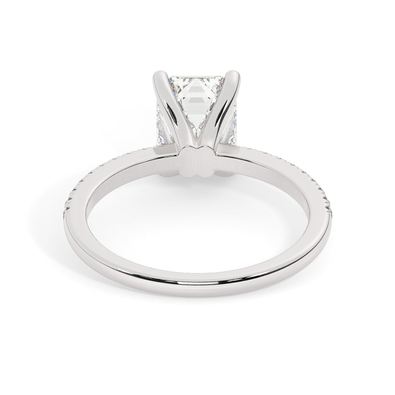 White Gold Emerald Cut Engagement Ring set on a Pavé Band - Back View