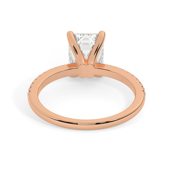 Rose Gold Emerald Cut Engagement Ring set on a Pavé Band - Back View