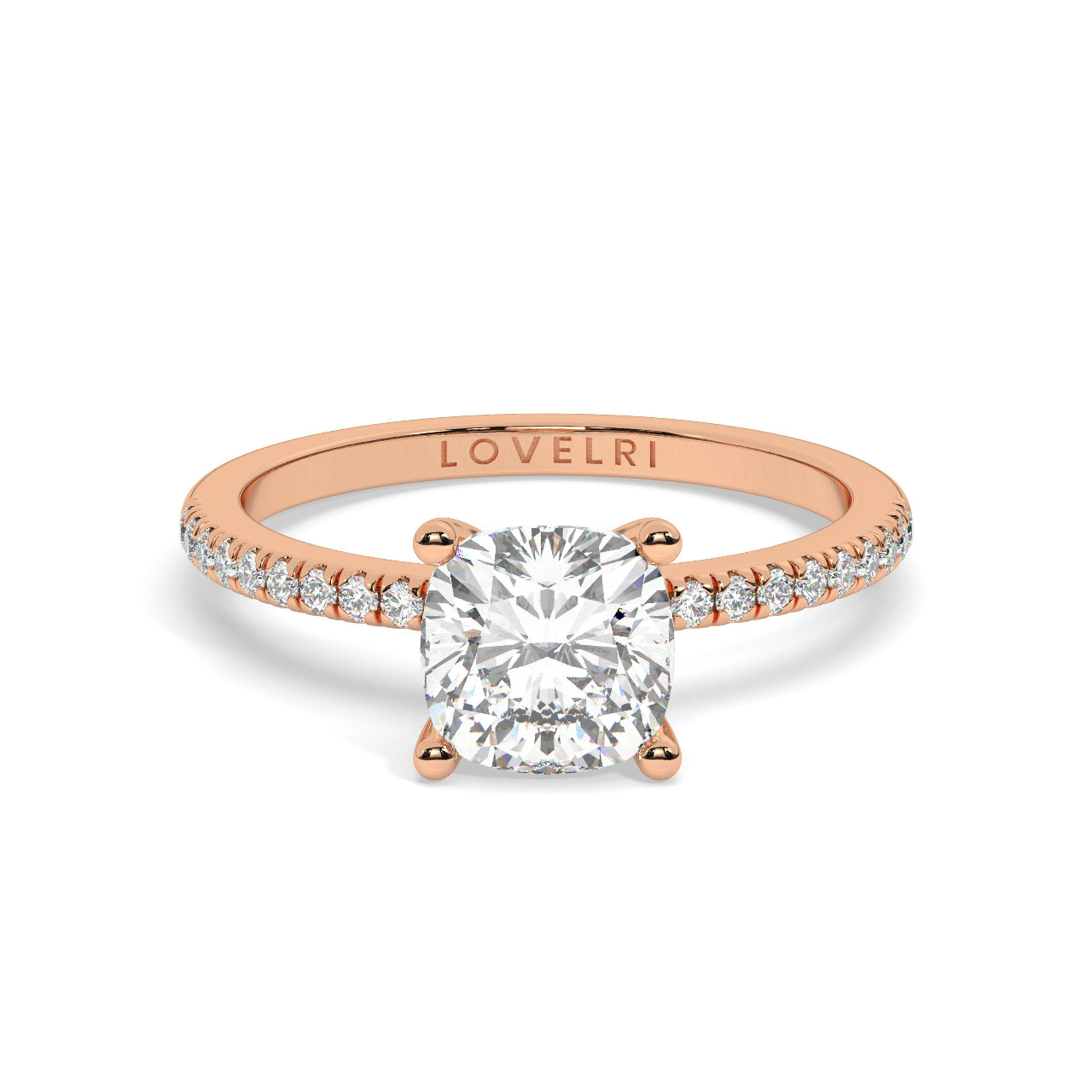 Round Cut Diamond Ring set on a Pavé Band in Rose Gold