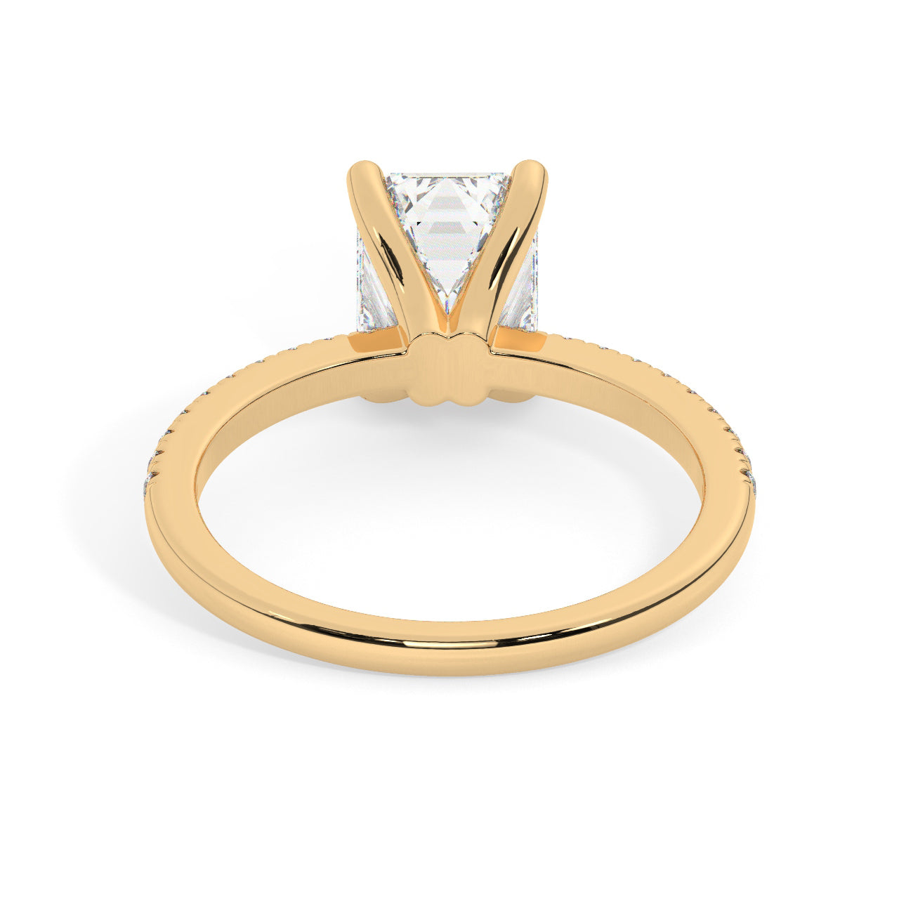 Yellow Gold Emerald Cut Engagement Ring set on a Pavé Band - Back View