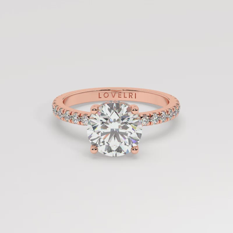 Rose Gold Round Cut Engagement Ring on a Pavé Band with a Hidden Halo - 360 View