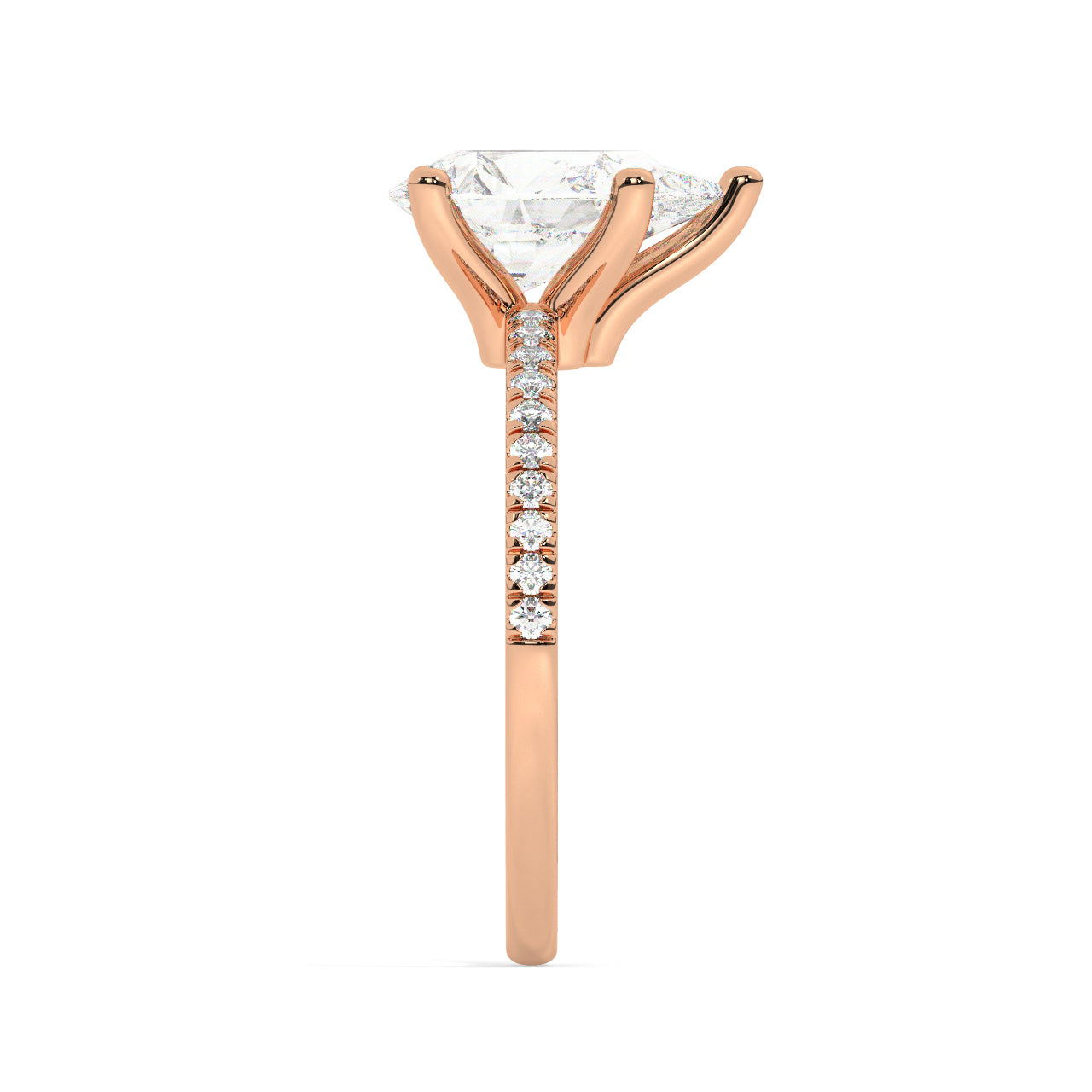 Pear Cut Lab Diamond Ring with a Pave Band on a Rose Gold Setting - Other Side View