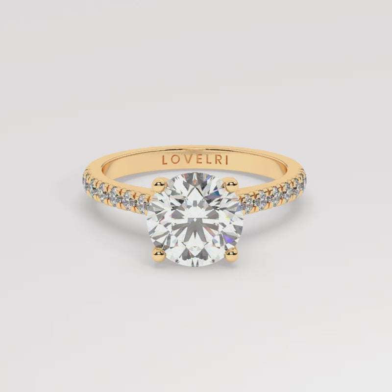 Yellow Gold Round Cut Engagement Ring with a Pavé Band and a Hidden Stone - 360 View