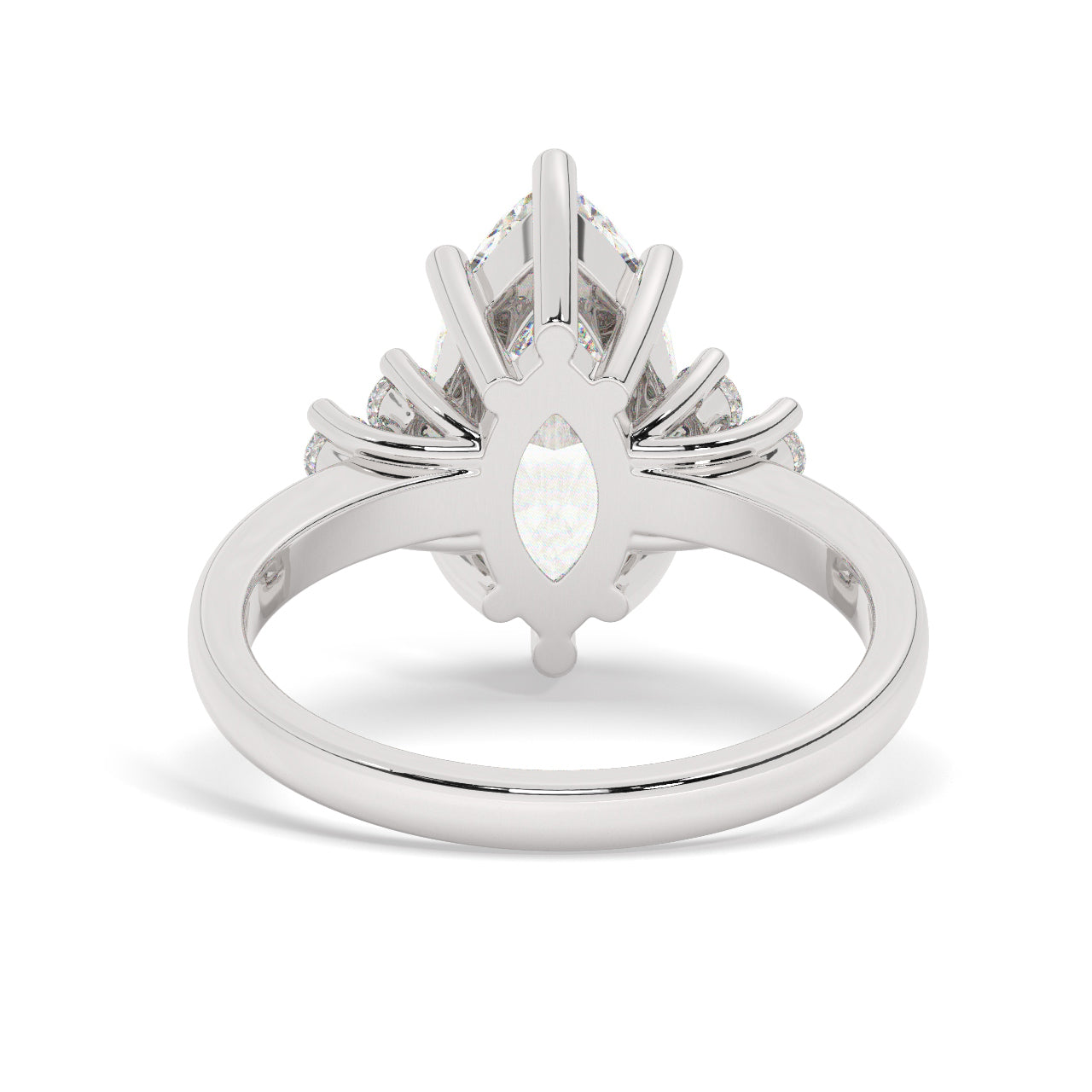 White Gold Marquis Cut Engagement Ring Accompanied by Round Stones - Back View