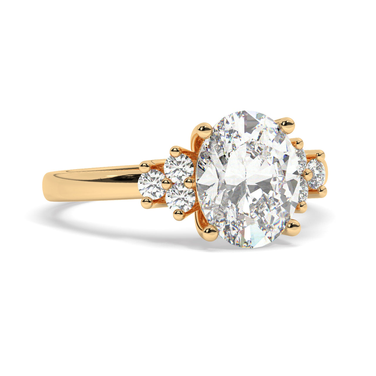 Yellow Gold Oval Cut Engagement Ring with Accompanying Round Stones - Rotated View