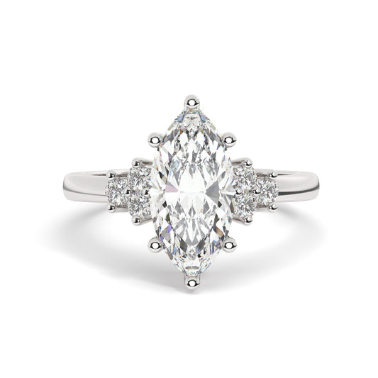 White Gold Marquis Cut Engagement Ring Accompanied by Round Stones