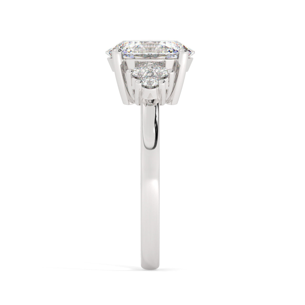 White Gold Oval Cut Engagement Ring with Accompanying Round Stones - Other Side View