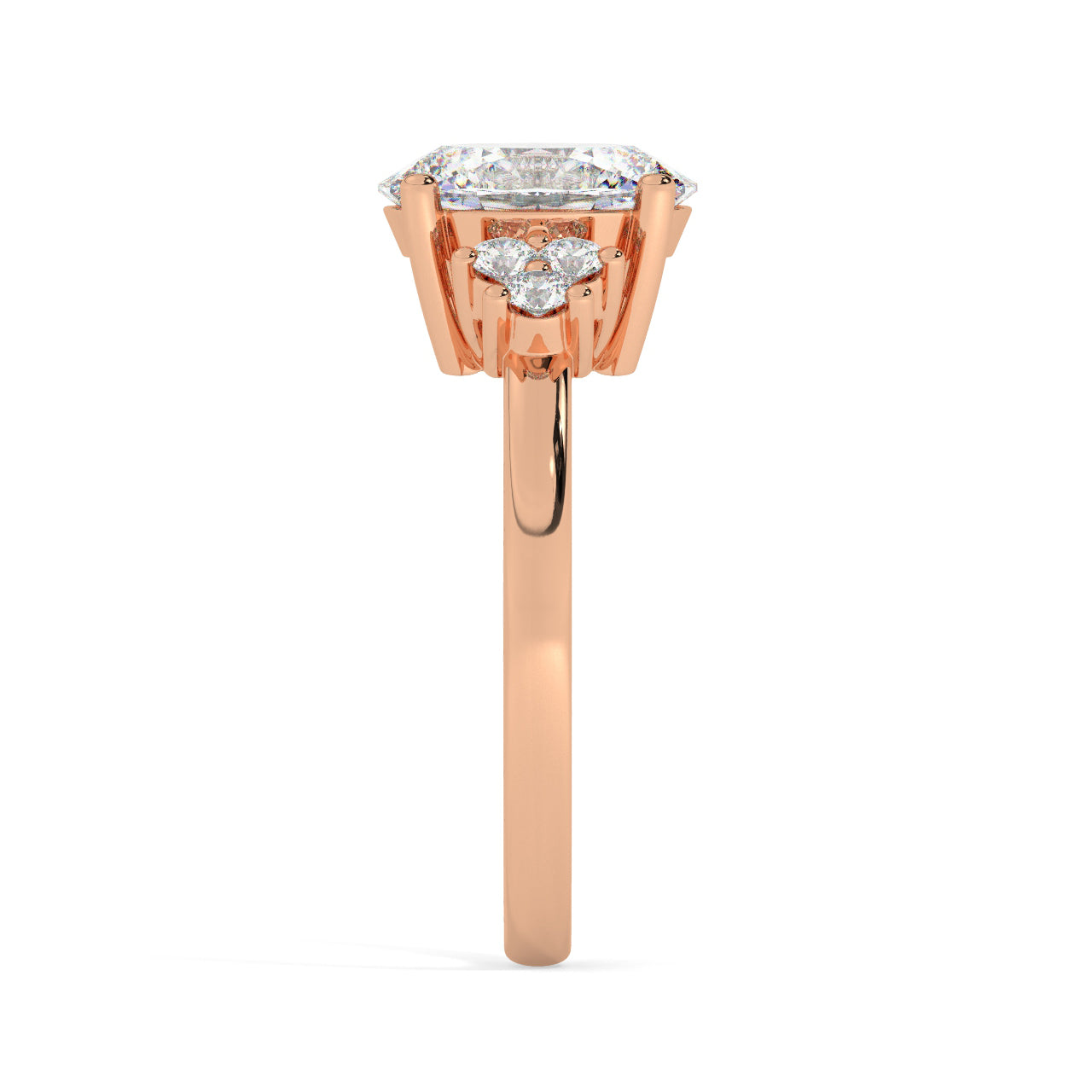 Rose Gold Oval Cut Engagement Ring with Accompanying Round Stones - Other Side View