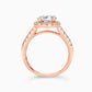 Rose Gold round cut stone surrounded by a Square Halo and Pavé band - Side View