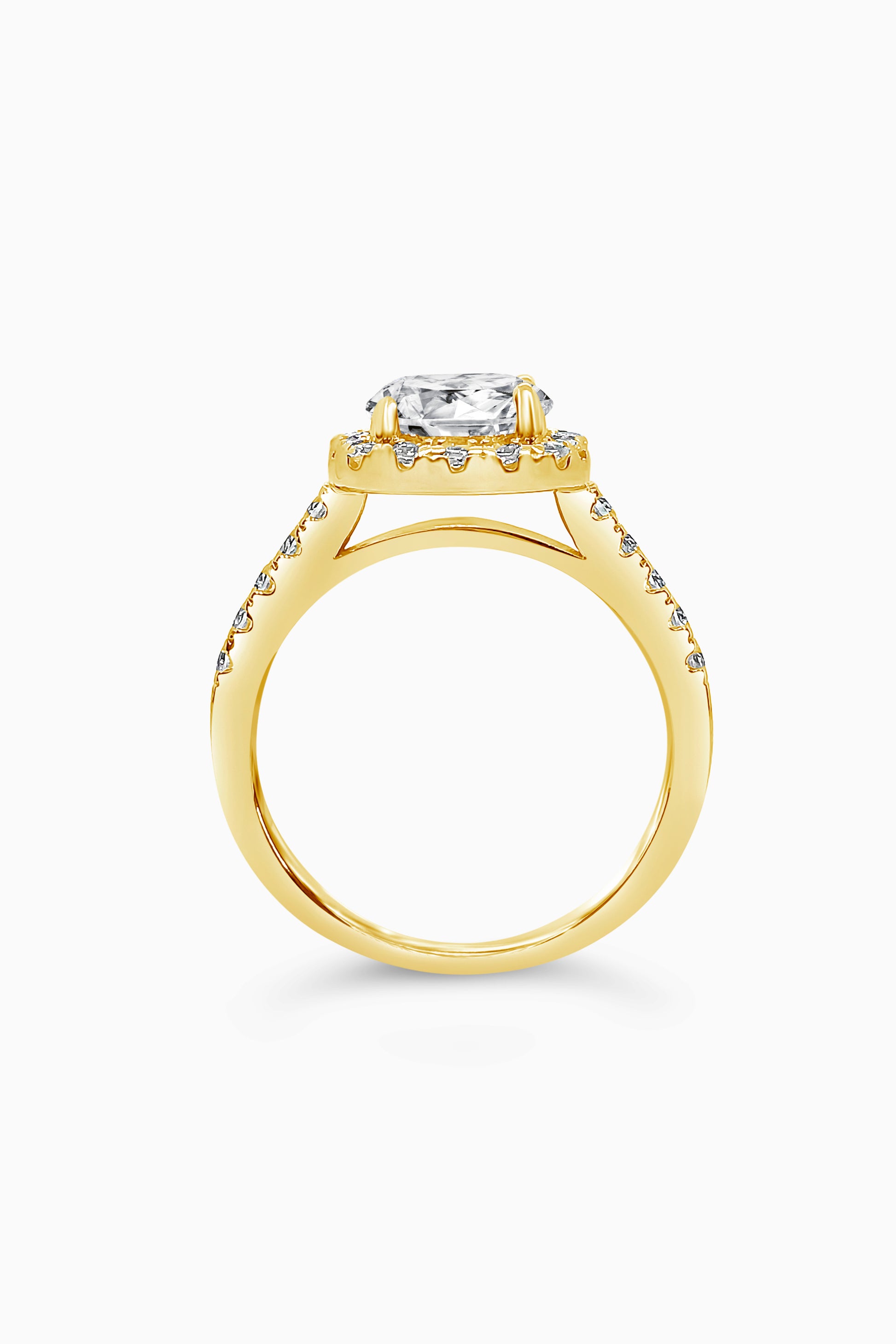 Yellow Gold round cut stone surrounded by a Square Halo and Pavé band - Side View