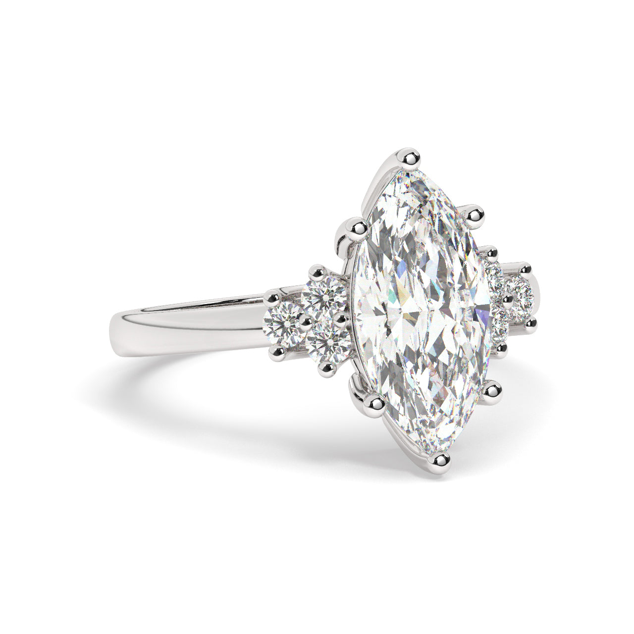 White Gold Marquis Cut Engagement Ring Accompanied by Round Stones - Rotated View