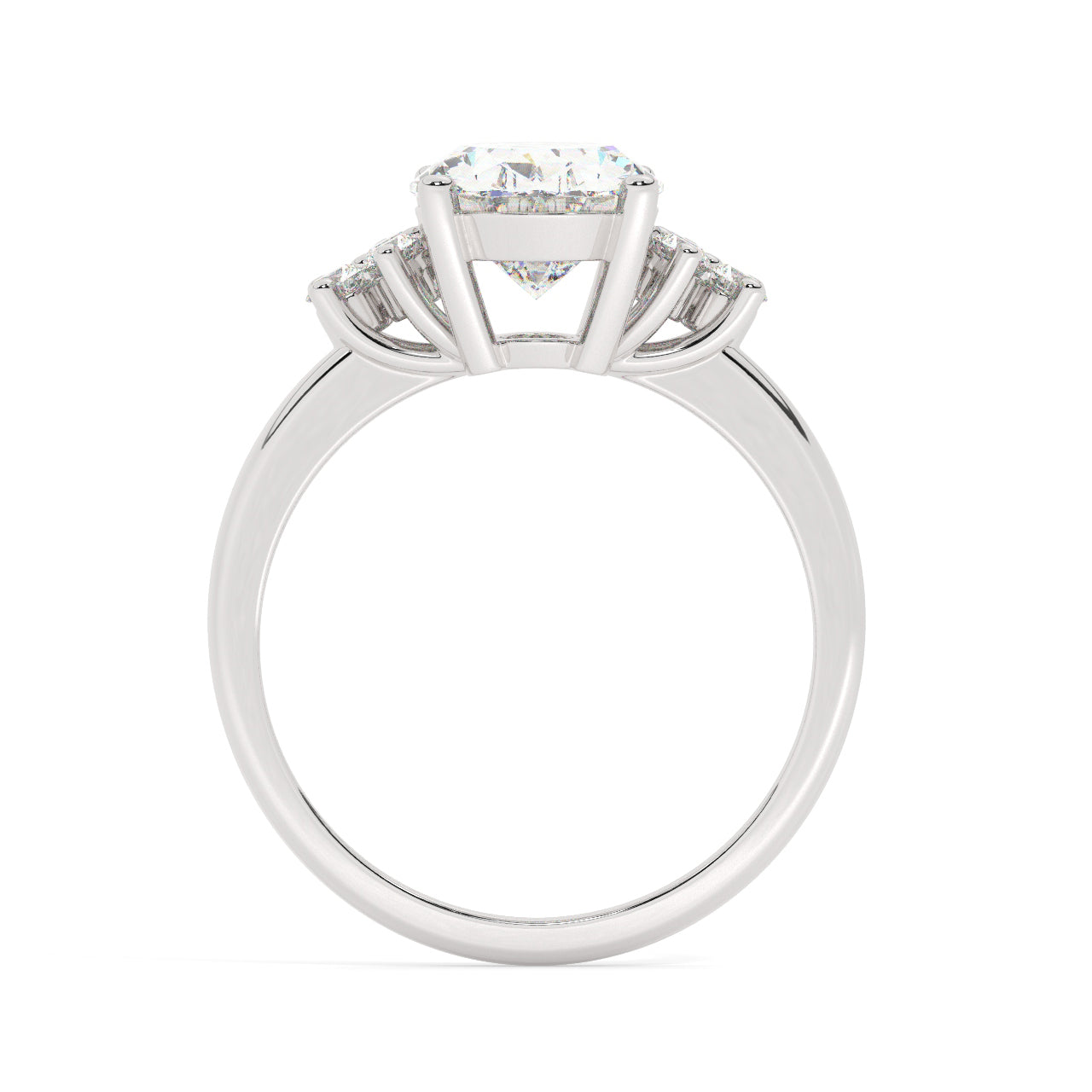 White Gold Oval Cut Engagement Ring with Accompanying Round Stones - Side View