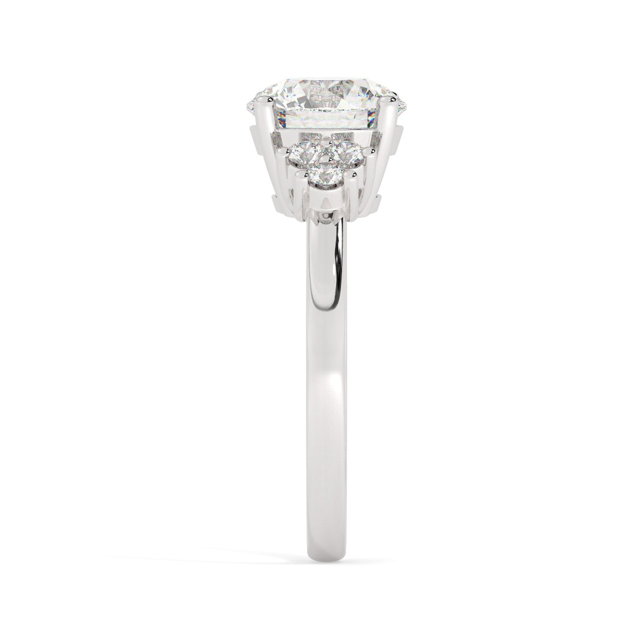 Platinum Round Cut Engagement Ring Accompanied by Round Side Stones - Other Side View