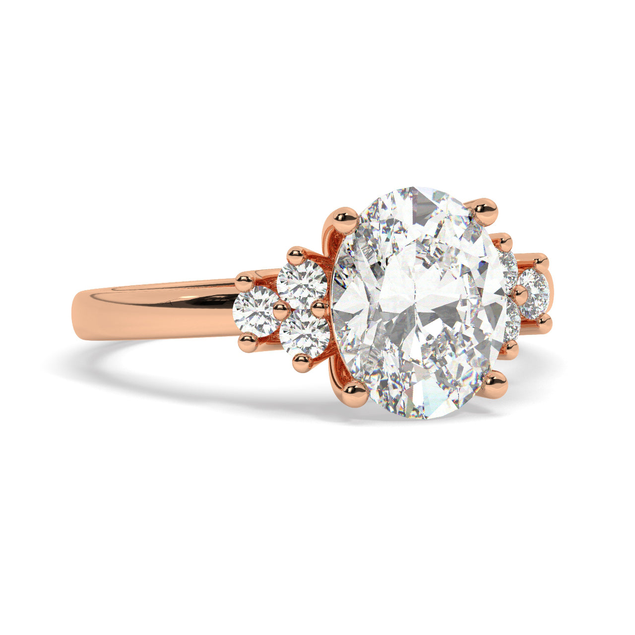 Rose Gold Oval Cut Engagement Ring with Accompanying Round Stones - Rotated View