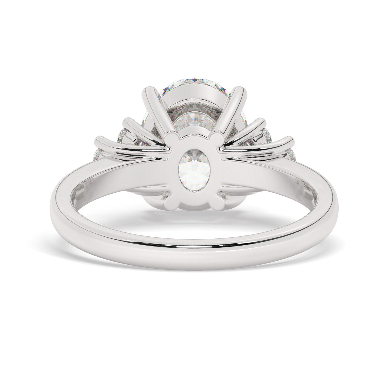 White Gold Oval Cut Engagement Ring with Accompanying Round Stones - Back View