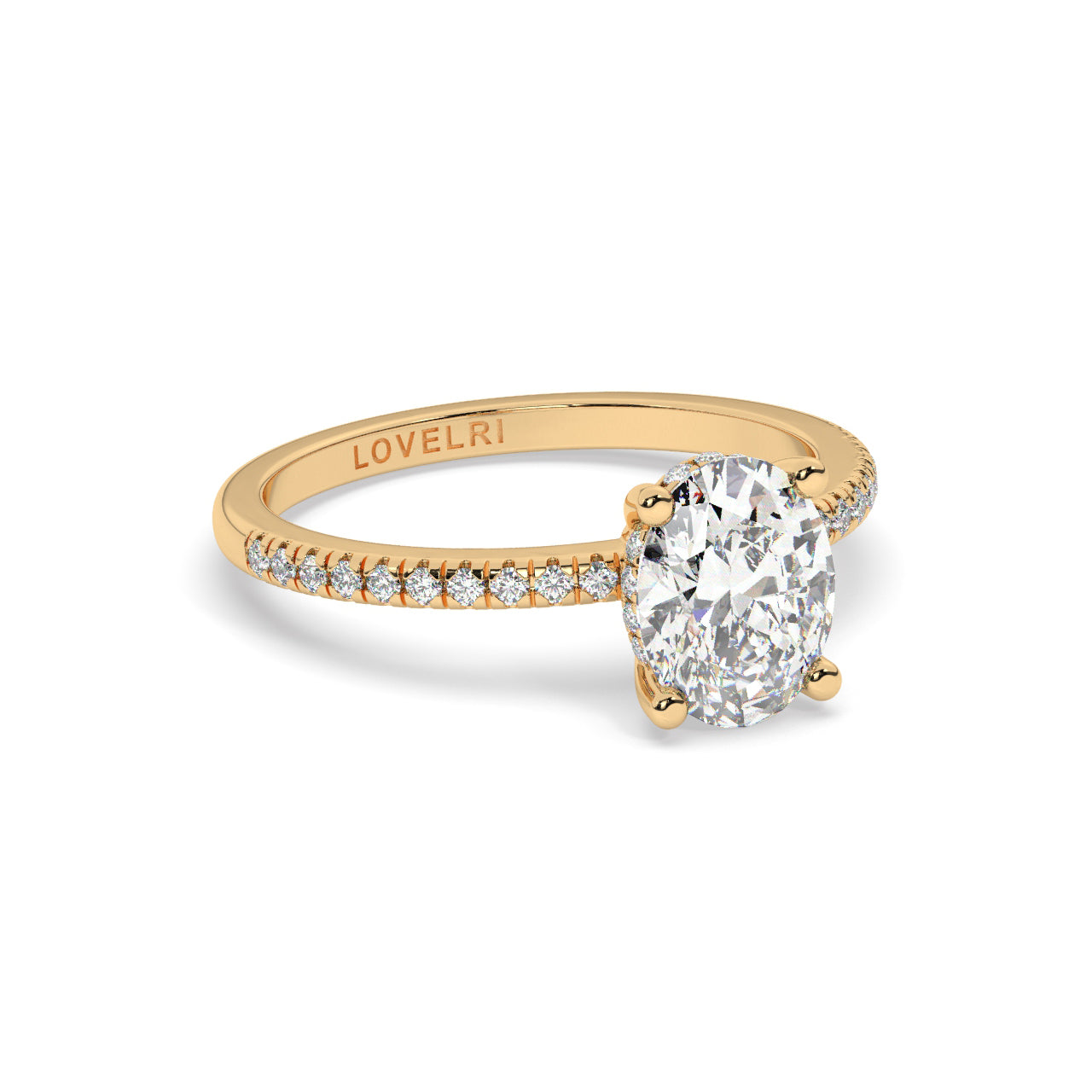 Yellow gold oval diamond set with a hidden halo on a pave setting - rotated view