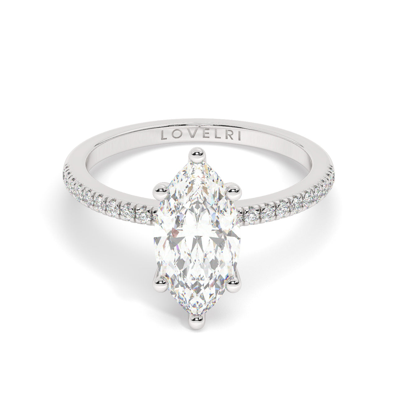 Marquise Cut Diamond Ring set on a Pavé Band in White Gold