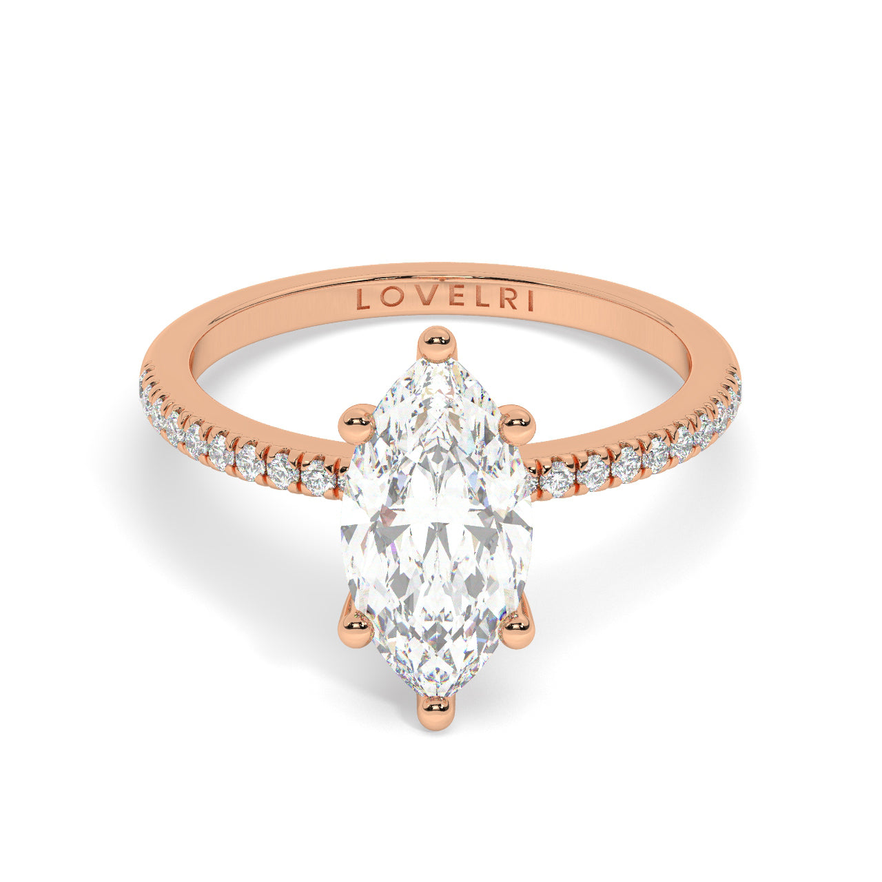 Marquise Cut Diamond Ring set on a Pavé Band in Rose Gold