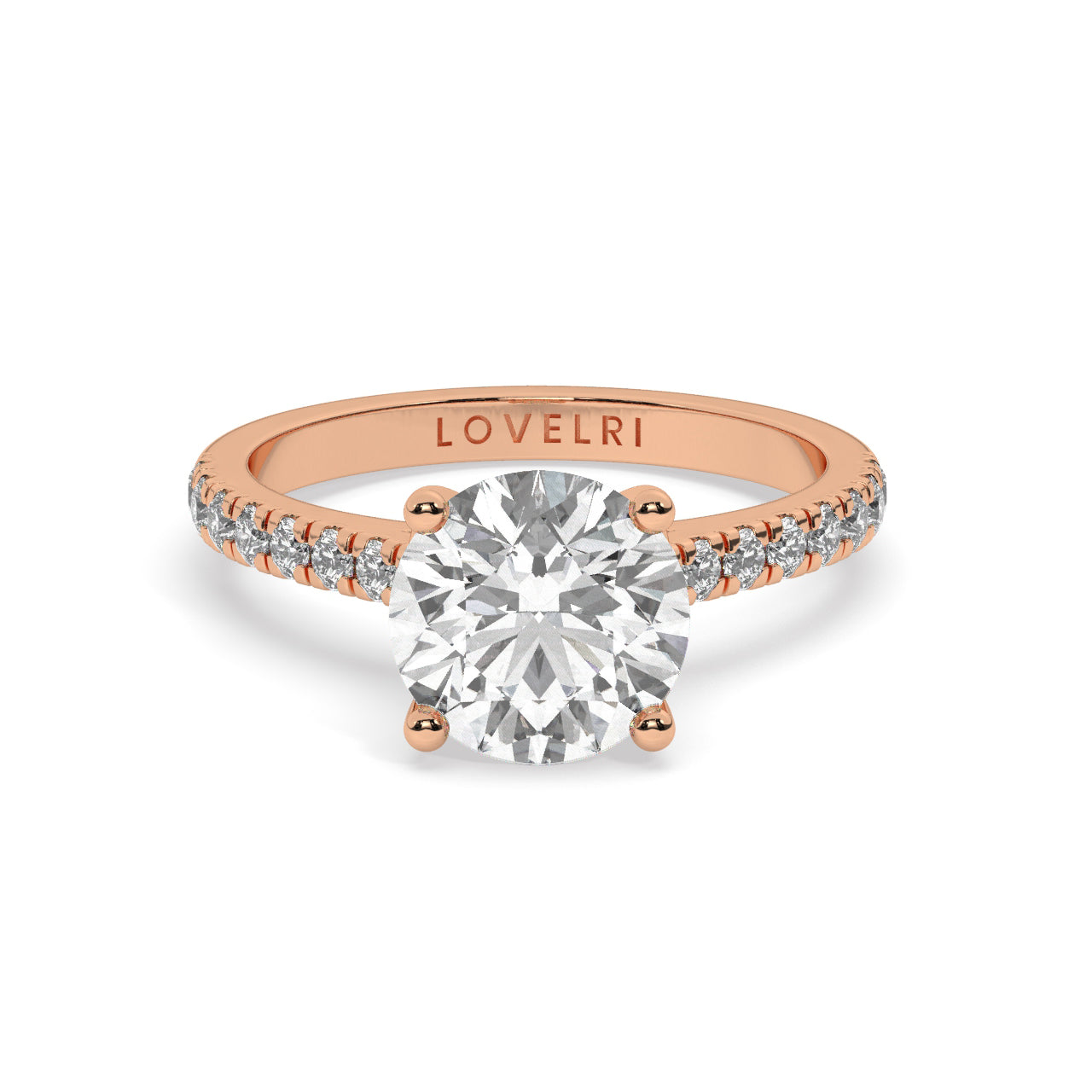 Rose Gold Round Cut Engagement Ring with a Pavé Band and a Hidden Stone
