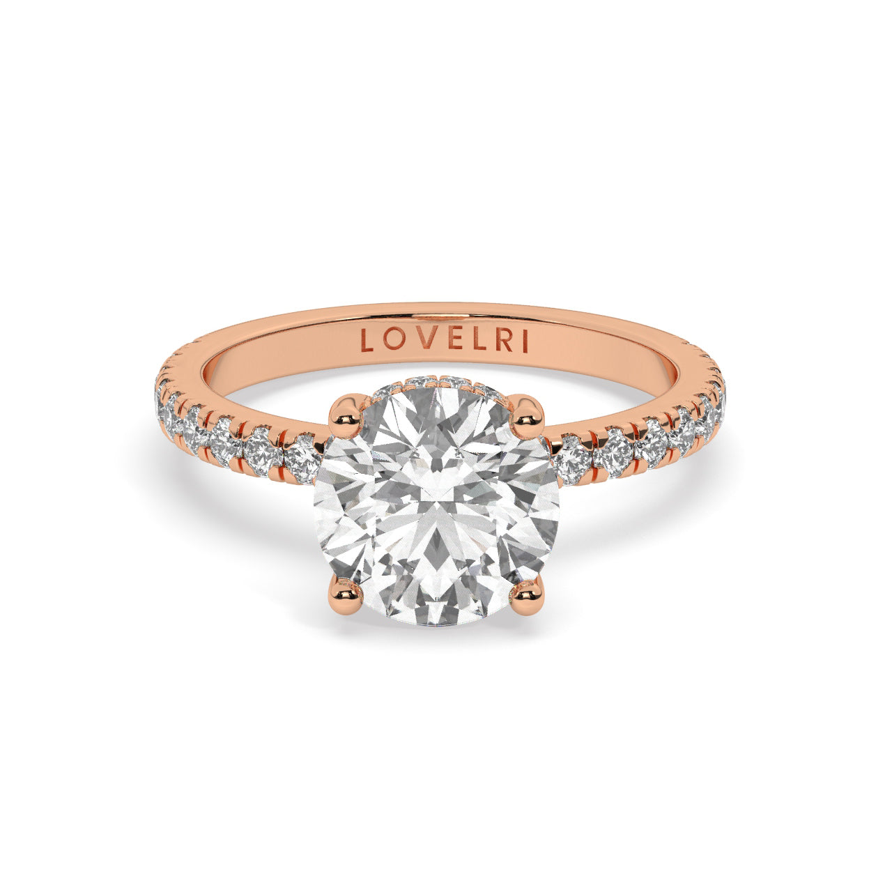 Rose Gold Round Cut Engagement Ring on a Pavé Band with a Hidden Halo